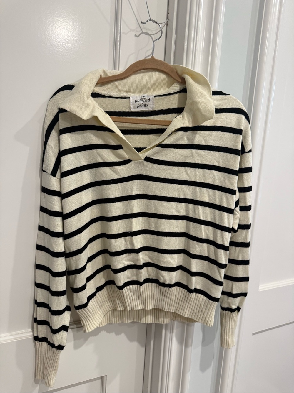 Polished Prints Cream & Black Striped V-Neck Sweater